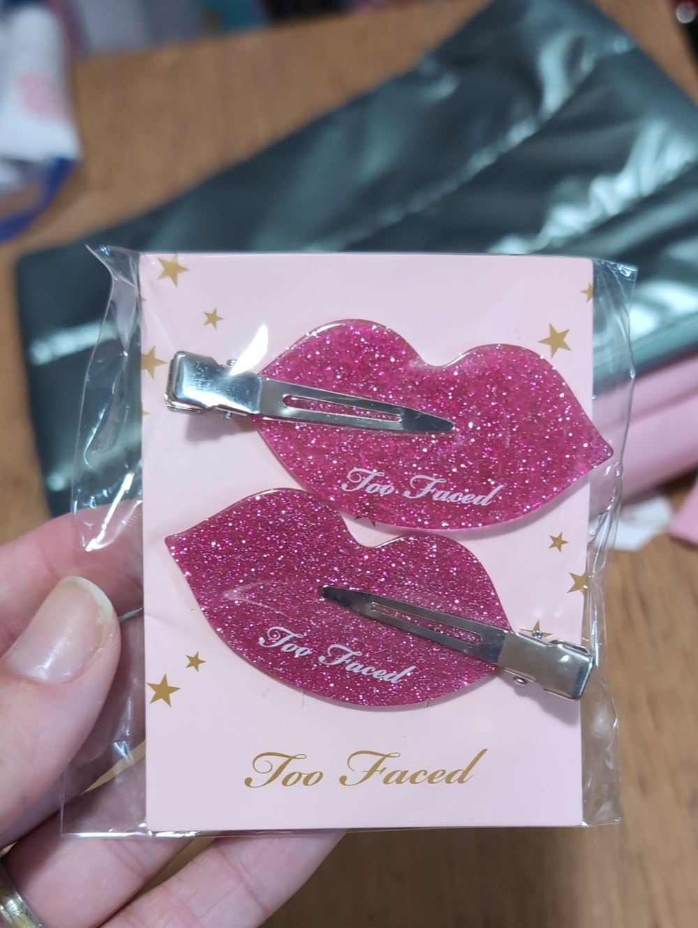 Too Faced Pink Glitter Lip Hair Clips - Pair